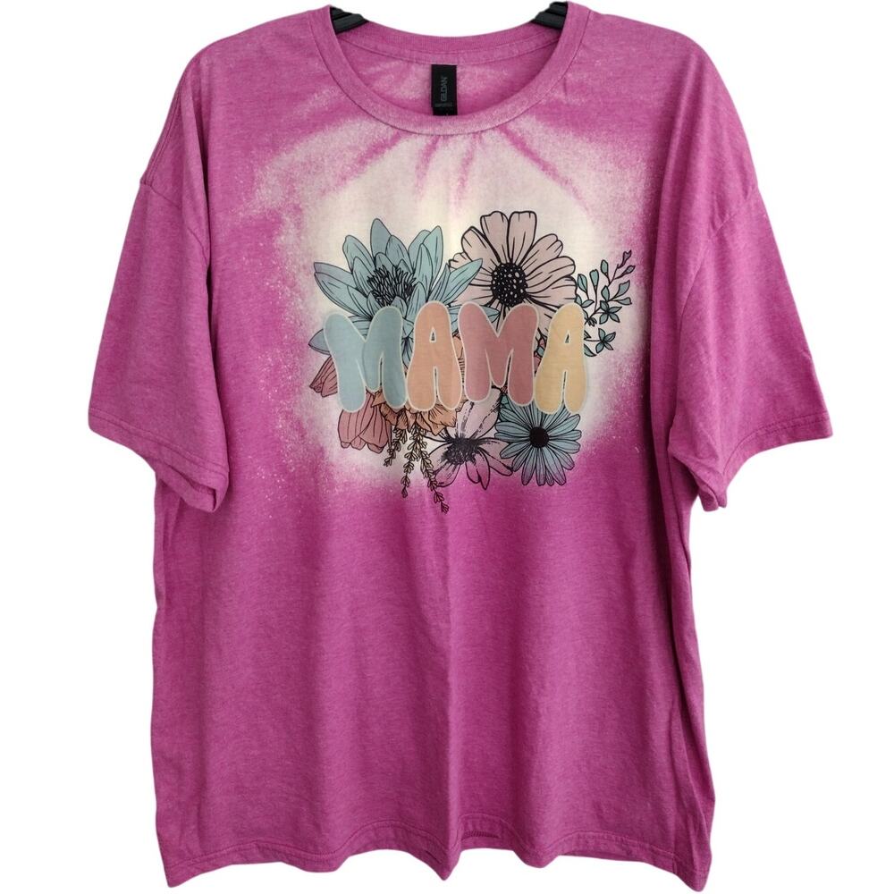 NEW Magenta Pink MAMA Botanical Floral Bleach-Splatter Short Sleeve Tee 2X Plus